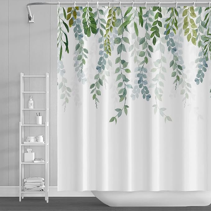 AWERT Plant Shower Curtain for Bathroom Sage Green Eucalyptus Waterproof Quick-Drying Green Leaves Shower Curtain Set with Hooks 72x78 Inch