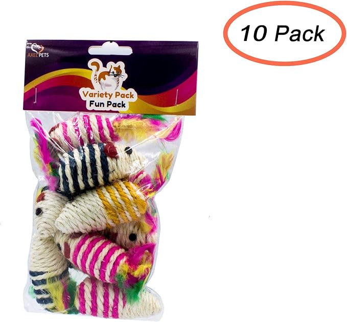 10 Sisal Mice with Rattle Sound, Interactive Catch Play Teaser Mouse Toy for Cats and Kittens, Made of Safe and Natural Sisal Hemp Material. Pack of 10 Mice