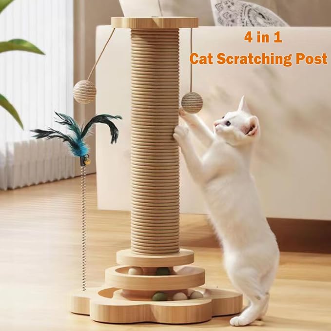Cat Scratching Post Cat Scratcher Kitten Toys for Indoor Cats, 4-in-1 Interactive Trackball Toys with Cat Teaser 18.1" Tall Wooden Scratch Post Interactive Toy with Dangling Ball Cat Toy