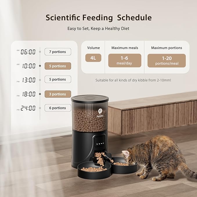 Automatic Cat Feeder for 2 Cats: 2.4Ghz WiFi Smart APP Remote Control- Timer Food Dispenser 1-10 Meals Per Day- Auto Pet Feeder for Cats and Small Dog Indoor- Dual Power& Detachable Clean