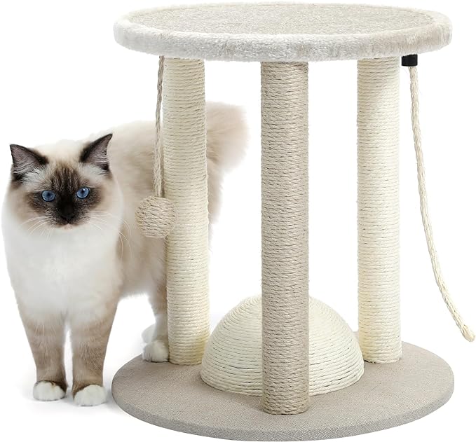 Made4Pets Cat Scratching Post,3 Cat Scratcher Posts with Soft Carpet Covered Perch,4 in 1 Kitten Toy,17" Small Cute Cat Tree Cat Tower with Hanging Ball Cat Toy, Scratching Posts for Indoor Cats