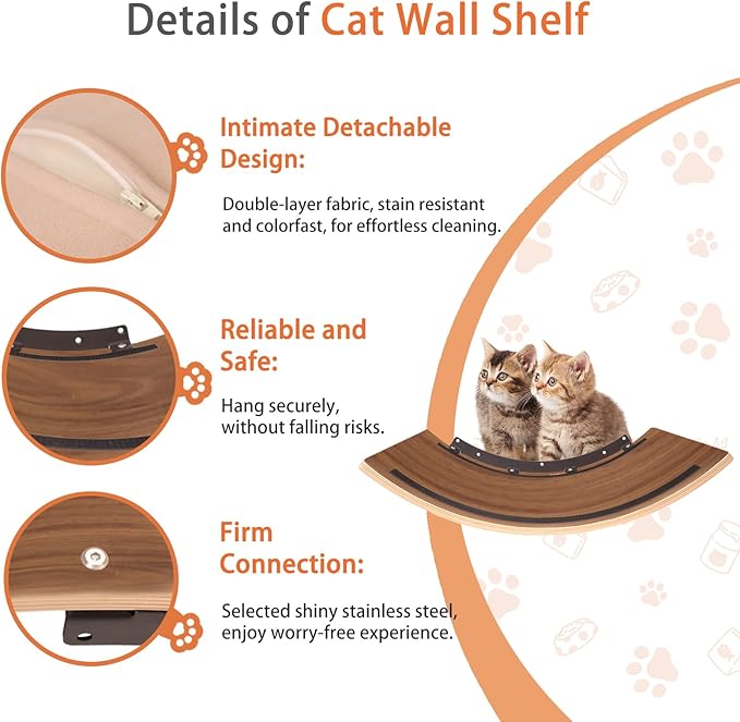 Large Cat Wall Shelves Curved Floating Cat Shelf Perch Bed with Cushion Wooden Cat Wall Furniture for Climbing Sleeping 22.4"x13.7"(Walnut)