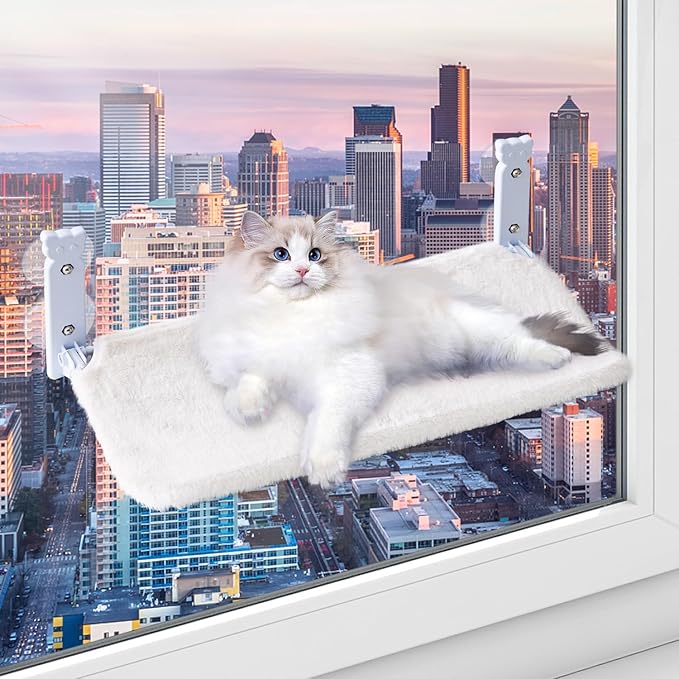 Cat Window Perch for Cats Inside, Foldable Cat Window Hammock for Cats Indoor, Cordless Cat Window Bed Seat with 4 Suction Cups, Sturdy Metal Frame, Soft Reversible Cover, Medium, White