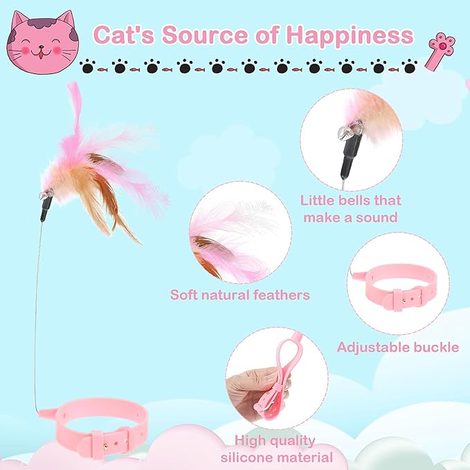 2Pcs Cat Collar Toy, Adjustable Cat Feather Neck Collar Toy Cat Teasing Wand with Silicone Collar, Funny Cat Stick, Interactive Self Playing Toys Bell for Indoor Cat Playing Small Animals(Blue, Pink)