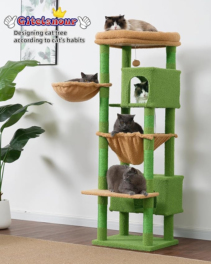 Cat Tree for Indoor Cats Large Adult, 60.2 Cat Tower with Large Platforms, Cat condo, Cat Tree Tower with 8 Cat Scratching Posts, Cat Hammock, Green and Brown GCT030-MGY