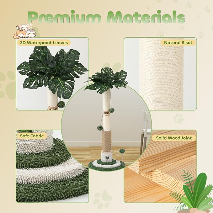 EMUST 40.2" Scratching Posts for Indoor Cats Adults, Cat Scratching Post with Nature Sisal Rope and Interactive Ball, Monstera Cat Scratch Post with Sturdy Base