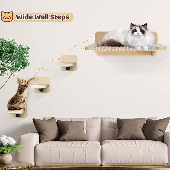 Cat Hammock Cat Wall Shelves with 3 Cat Wall Steps, Wall Mounted Cat Shelves and Perches with Hemp Rope Scratching, Cat Wall Furniture Climbing Shelves for Indoor Cats Set