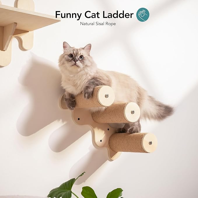 Mewoo Cat Wall Shelves, Wooden Cat Wall Furniture, Stable Cat Wall Steps, Cat House and Cat Perch for Wall Mounted, Cat Climbing Shelves Cat Ladder for Most Kittens & Adult Cats, Set of 4, Beige