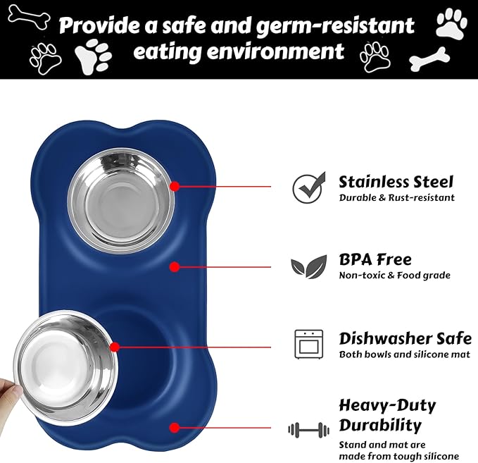AsFrost Dog Food Bowls Stainless Steel Dog Food and Water Bowl Set, Dog Bowls No Spill Non Slip Silicone Mat, Dog Dishes for Small Medium Size Dogs Cat Puppy Pet Food Feeding Bowls, Blue, 12oz