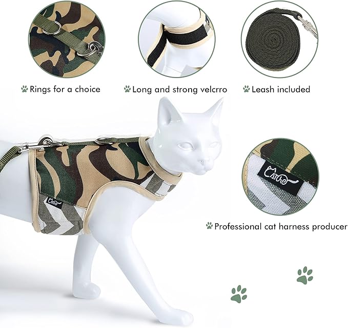 Cat Harness and Leash Set for Walking Escape Proof, Adjustable Cat Vest Harness, Padded Stylish Cat Walking Jackets, Camo Green, Large