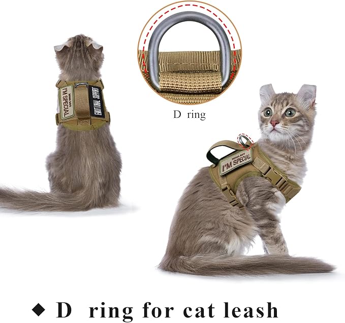 Tactical Cat Harness for Walking Escape Proof, Soft Mesh Adjustable Pet Vest Harness for Large Cat,Small Dog (Medium, Khaki)