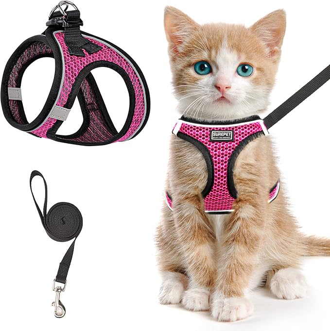Cat Harness and Leash for Walking Escape Proof, Adjustable Kitten Vest Harness Reflective Soft Mesh Puppy Harness for Outdoor, Comfort Fit, Easy to Control (Pink, XS)