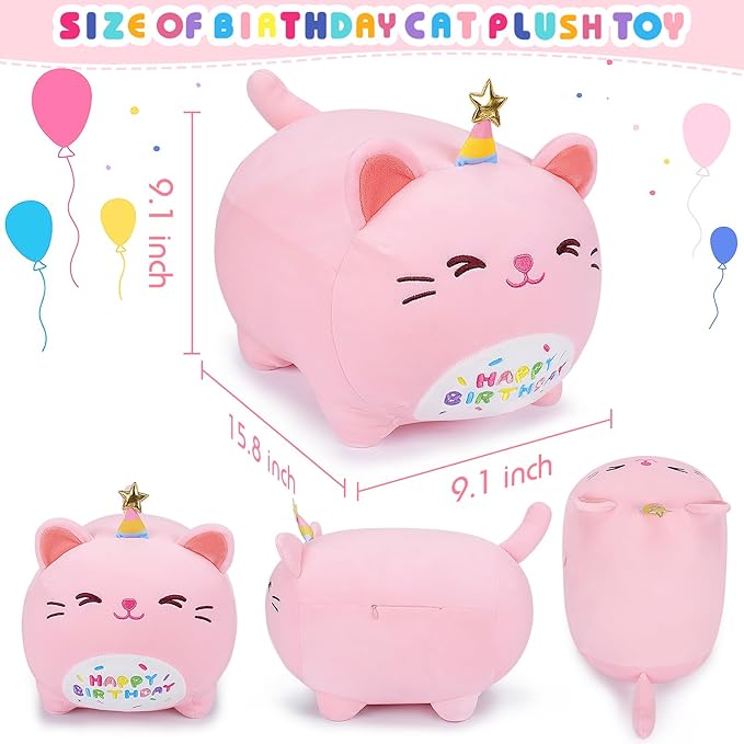 Auspicious beginning Pink Birthday Cat Plush Stuffed Animals-Gifts for Girlfriend, 16'' Pink Cat Plush, Kawaii Plushies Cat Body Pillow Cat Plushie, Kitten Plush Pillow Kids