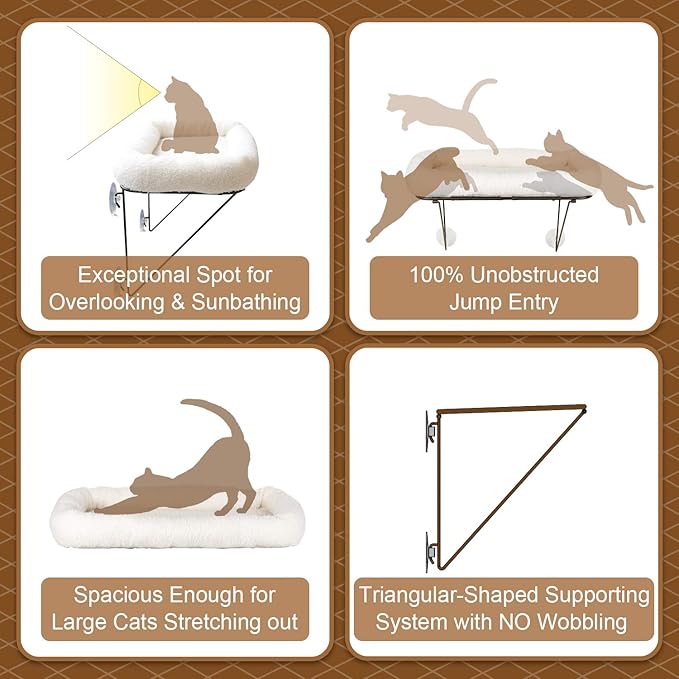 Cat Window Perch - 100% Metal Supported from Below - Comes with Warm Spacious Pet Bed - Cat Window Hammock for Large Cats & Kittens - for Sunbathing, Napping & Overlooking (White)