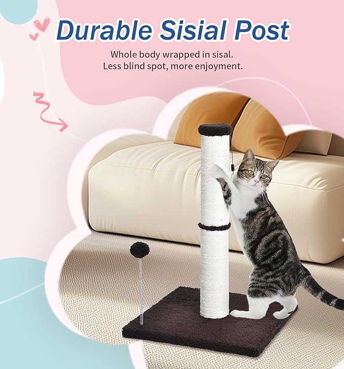 Cat Scratching Post Kitten Scratcher Sisal Scratch Posts Basic with Hanging Ball for Indoor Cats, Integrated Cat Toys, Brown