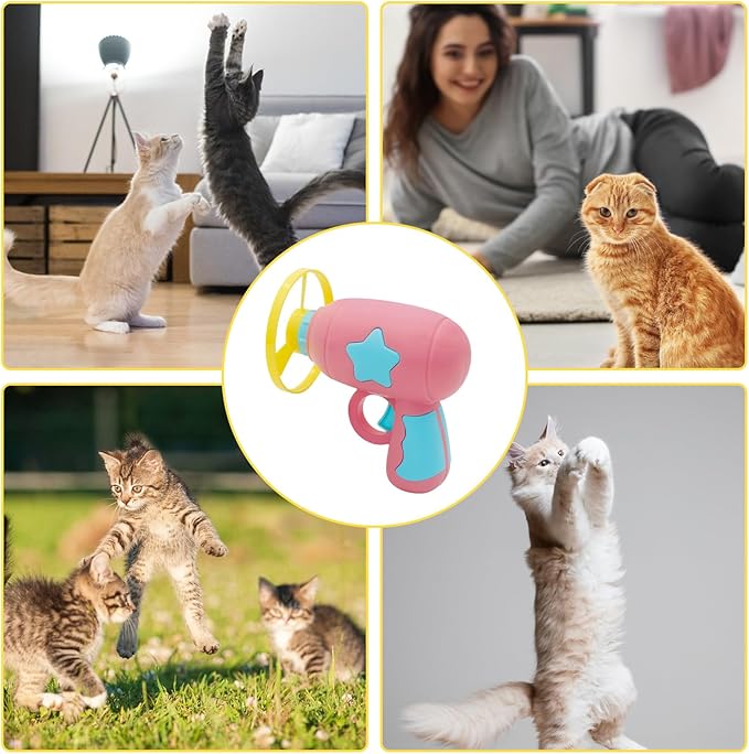 Andiker Cat Fetch Toy, Interactive Cat Flying Disc Launcher Toy with 5 Colorful Flying Propellers for Cat Enrichment, Flying Saucer Toy for Cat for Training and Chasing (Pink)