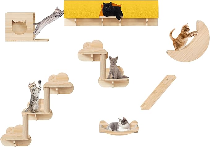DWVO Cat Wall Shelves and Perches for Wall, Solid Wood Wall Mounted Cat Furniture, Set of 13 Cat Climbing Shelves with Moon Cat Wall House, Cat Wall Steps, Scratching Post, Hammock, Cat Tunnel