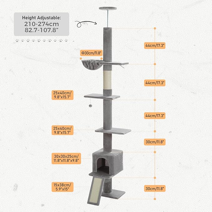 PETEPELA Floor to Ceiling Cat Tree, Cat Tower 5 Tiers Tall (83-108 Inches) Adjustable Height, Cat Climbing Tree Featuring with Cat Condo, Cat Scratching Post and Cat Perches for Indoor Cats, Grey