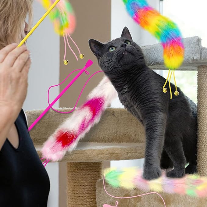 4 Pack Cat Wand Toy, Rainbow Cat Feather Toys with Bells, Cat Teaser Wand with Soft Furry Tail, Interactive Cat Toys for Indoor Cats & Kitten & Kitty