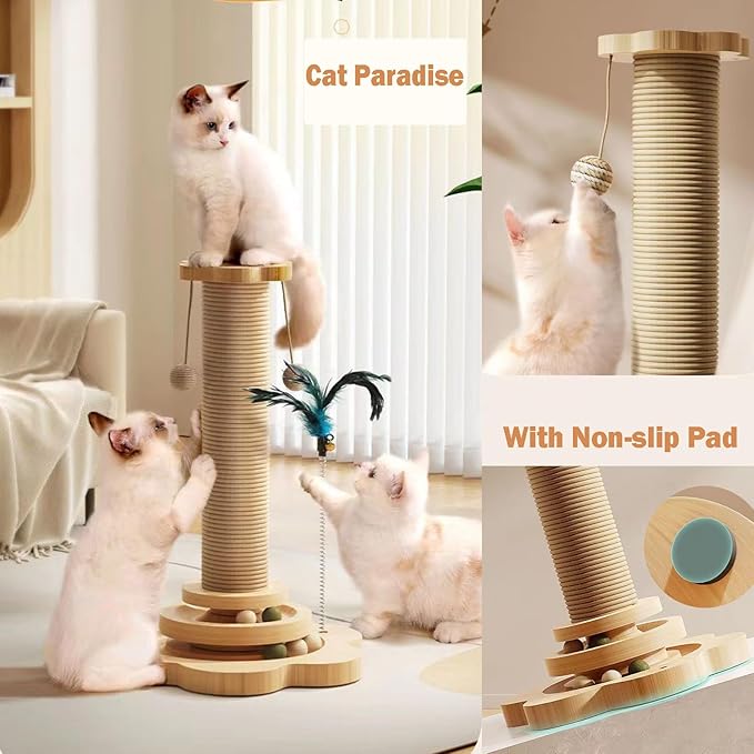 Cat Scratching Post Cat Scratcher Kitten Toys for Indoor Cats, 4-in-1 Interactive Trackball Toys with Cat Teaser 18.1" Tall Wooden Scratch Post Interactive Toy with Dangling Ball Cat Toy