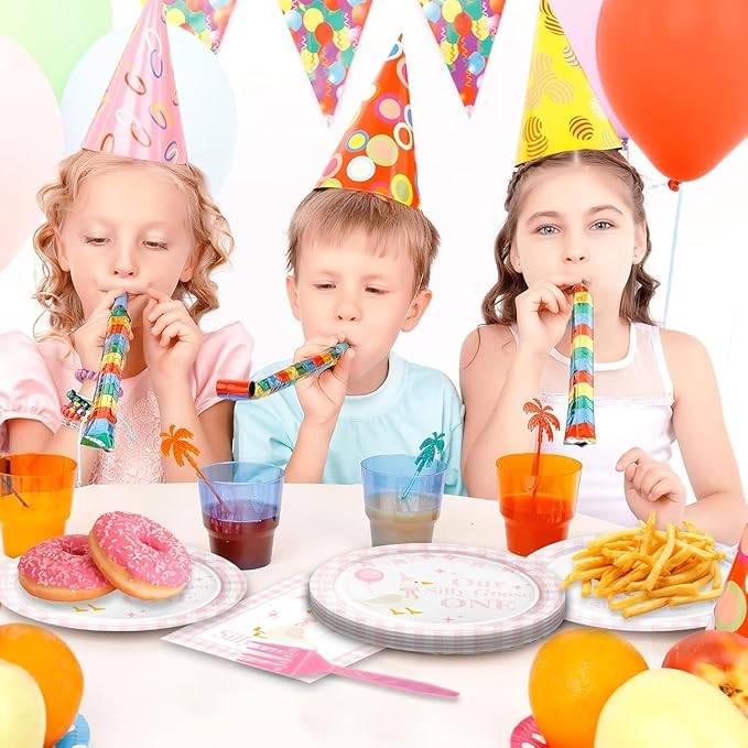 48Pcs One Silly Goose Birthday Decor Girl, Pink Silly Goose Birthday Baby Shower Party Decorations with Forks Paper Plates and Napkins Set Supplies