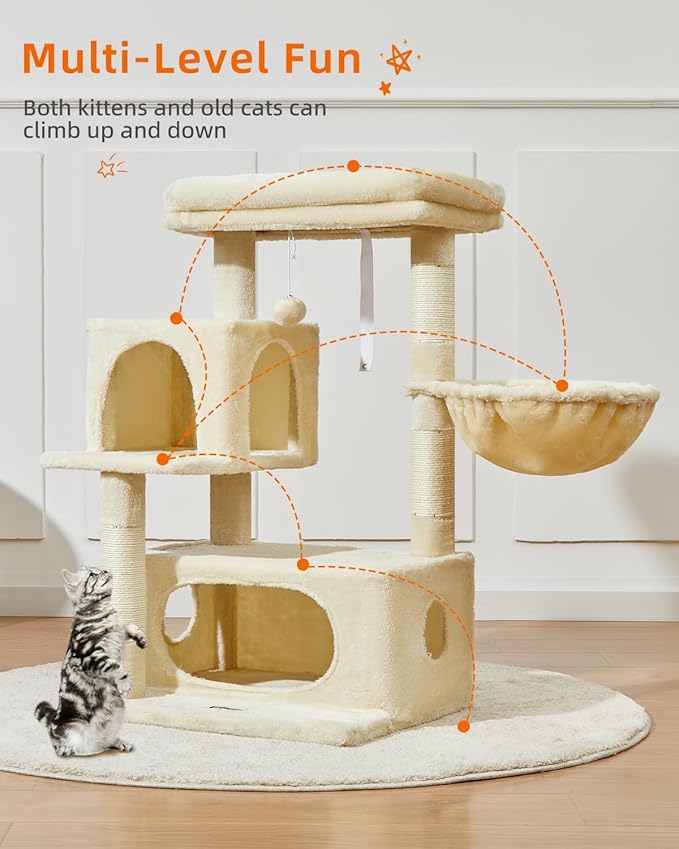 Taoqimiao Cat Tree,37.8-Inch Cat Tower for Indoor Cats,2 Luxurious cat condo with Adjustable Large Hanging Baskets and Large Luxurious Perch Beige MS029M