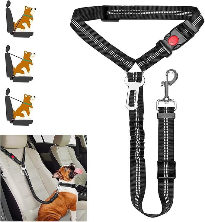 Removable Dog Seat Belt Harness for Car, 3 in 1 Pet Dog Car Seatbelt Leash, Retractable Restraint Secures to Vehicle Headrest & Adjustable Reflective Dog Seatbelt Tether