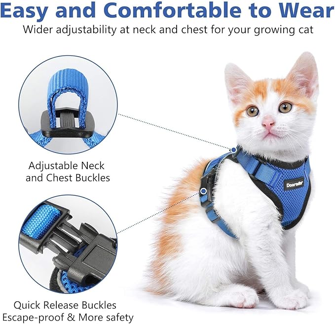Dooradar Cat Harness and Leash Set, Escape Proof Safe Adjustable Kitten Vest Harnesses for Walking, Easy Control Soft Breathable Mesh Jacket with Reflective Strips for Cats, Blue, XXS