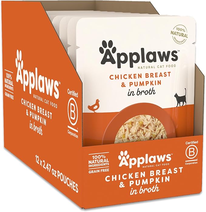 Applaws Natural Wet Cat Food, 12 Count, Limited Ingredient Wet Cat Food Pouches, Chicken Breast with Pumpkin in Broth, 2.47oz Pouches