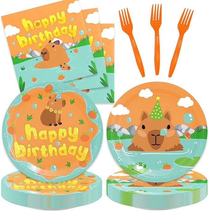 48Pcs Kapybara Birthday Party Supplies Cartoon Animal Theme Tableware Set Plates and Napkins Forks Serves 16 Guests Cute Capy Baby Shower Birthday Party Decorations