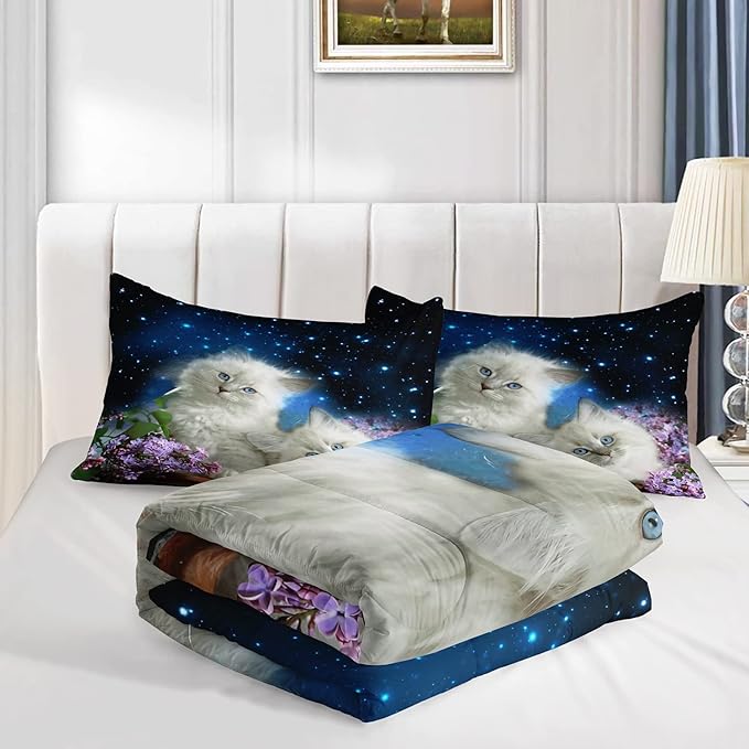 AILONEN Cat Bedding Set for Kids & Teens, 3D Printed Animal Cat Quilted Comforter & Pillowcases, Easy Care, Queen Size