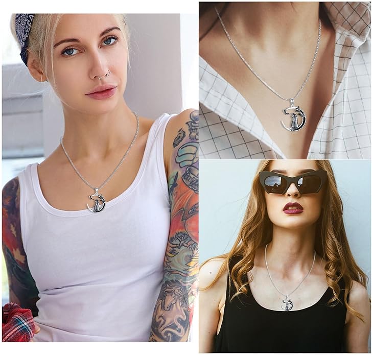 AUDINCCED Black Cat Necklace Turtle Necklace Gothic Jewelry Butterfly Necklace Cat Necklace 925 Sterling Silver Crescent Moon Necklace for Women Cat Gifts for Cat Lovers
