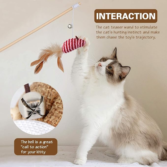 3 PCS Cat Wand Toys, 16 Inch Natural Wooden Cat Teaser Wand Toys with 5 PCS Silvervine Sticks for Cat, Interactive Cat Feather Wand Toy for Indoor Cats, Elastic String Cat Pole Toy with Bell, Feather