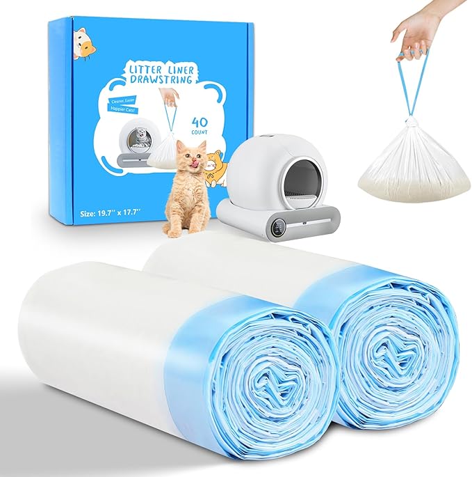 40 Count Self Cleaning Cat Litter Box Liners Bag For MeoWant MW-SC01,MW-SC02, Drawstring Heavy Duty Cat Litter Receptacles Bags Compatible with Automatic Cat Litter Box-17.7" x 19.68"