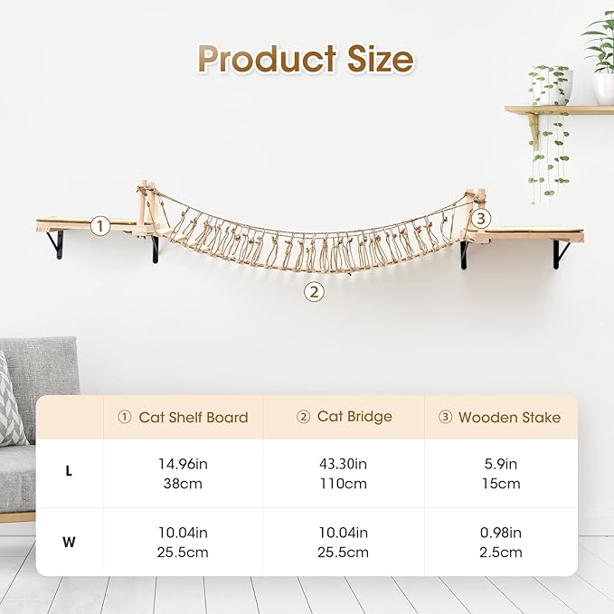 Wall-Mounted Cat Roped Bridge, Cat Wall Shelves, Cat Brideg Long for Indoor Cats, Cat Wall Furniture for Sleeping, Playing, Climbing, Wooden Cat or Kitty Bed and Perches with Sisal Scratch Mat