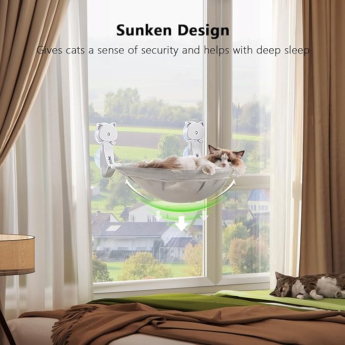 Cat Window Perch Cordless, Foldable & Stable Cat Beds- Breathable Cat Window Hammock for Overlooking, Sunbathing and Climbing - Maximum Hold Up to 40lb(Gray,Mesh)