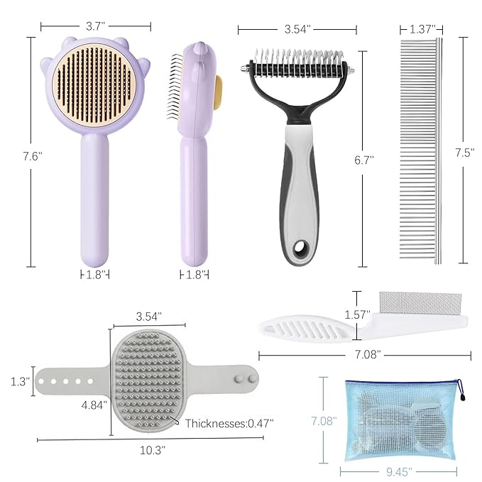 5 in 1 Cat Care Set, Hair Brush with Release Button, Deshedding Brush for Long and Short Haired Cats, Purple