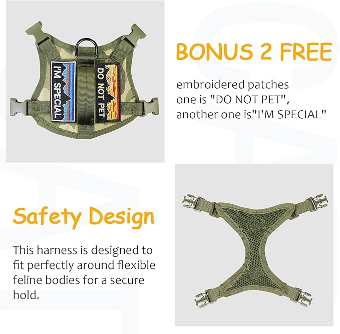 Tactical Cat Harness for Walking, Adjustable Escape Proof Pet Vest for Large Cat,Easy Control Breathable Cat Vest with Handle，Molle Patches (Camo Green, L)