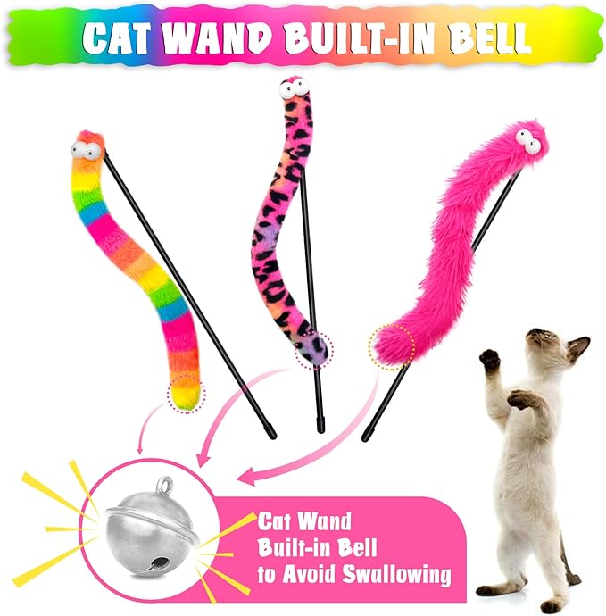 3 Pack Cat Wand Toy, Rainbow Cat Feather Toys with Bells, Cat Teaser Wand with Soft Furry Tail, Interactive Cat Toys for Indoor Cats & Kitten & Kitty
