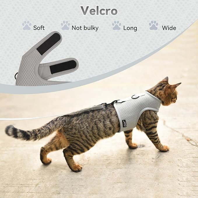 Cat Harness and Leash for Walking Escape Proof Breathable Mesh Fabric, Solid Grey, Extra Large, Adjustable Cat Walking Jackets, Padded Stylish Cat Vest