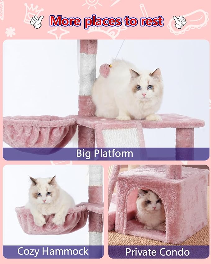 Cat Tree, Cat Tower with condo, Basket, Large Bed, Platform, Scratch Board, Cat Scratching Posts for Indoor Cats, Pink GCT002SP