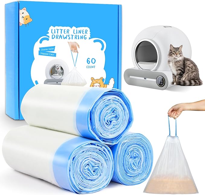 60 Count Cat Litter Box Liners Bags, Extra-Thick Cat Waste Bags for Self-Cleaning Cat Litter Box, Drawstring Litter Liner Trash Bags for Automatic Cat Litter Box Self Cleaning-17.7" x 19.68"