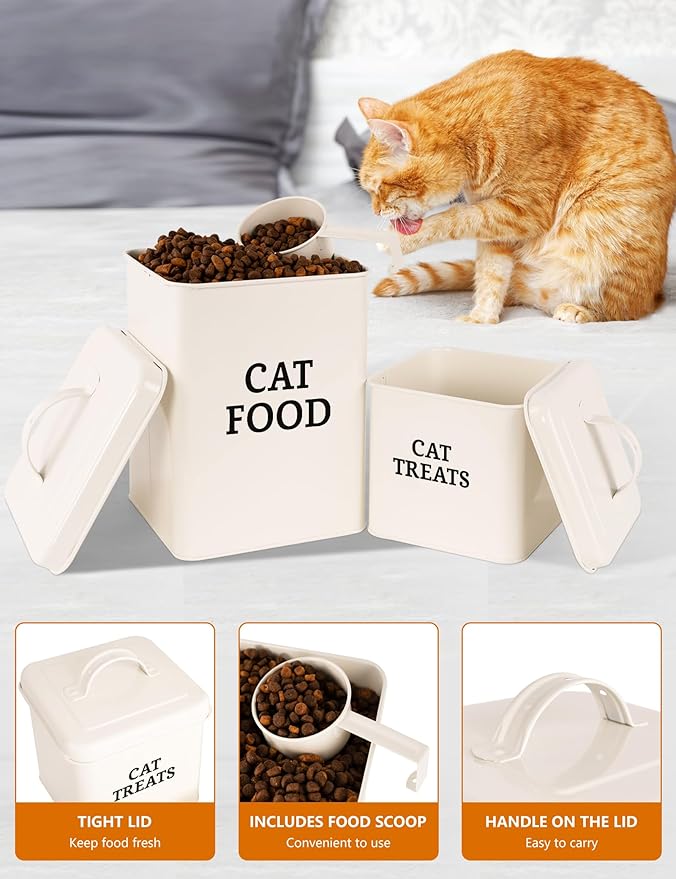 2 Packs Cat Food Storage Containers, Metal Cat Food and Treats Containers With Lid & Scoop, Farmhouse Pet Food Storage Containers, Cream