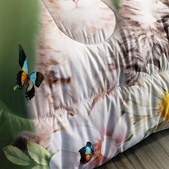 AILONEN Cats Bedding Set Queen Size with Wearing Black Glasses Fluffy Cat Print Comforter Set for Kids Girls, Daisy Flowers Butterfly Soft Breathable Duvet Set 3 Pieces, 1 Quilt and 2 Pillowcases