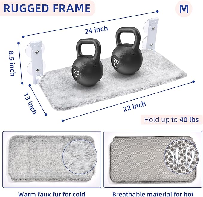 pettycare Cat Window Perch, Cordless Cat Window Hammock Bed with 4 Strong Suction Cups, Foldable Cat Window Seat for Inside Hold Up to 40lbs, Solid Metal Frame and Soft Reversible Two Fabrics Cover