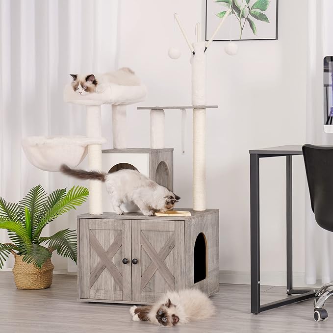 Heybly Cat Tree, Wood Litter Box Enclosure with Food Station, All-in-one Indoor Cat Furniture with Large Platform and Condo, Modern Style Cat Tower, Hammock, Rustic Brown HCT102SG