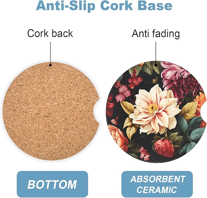 2 Pack Car Cup Holder Coasters, 2.63 inch Anti Slip Insert Absorbent Ceramic Coasters with Cork Base and Finger Notch, Cute Car Accessories Interior for Women