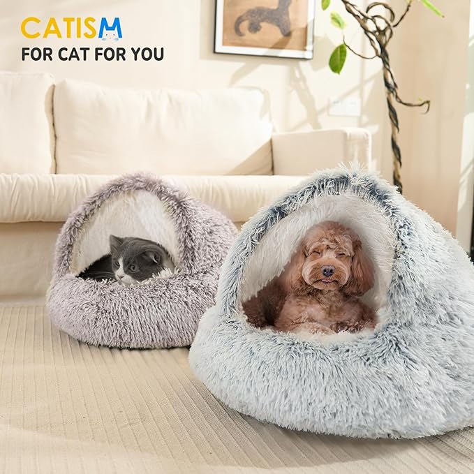 CATISM Cat Bed, Plush Hooded Cat Beds for Indoor Cats, Calming Cat Nest, Self Warming Cat Bed Cave, Cozy Cat Pod for Indoor Cat or Small Dog, Removable Washable Cat Cove with Non-Slip Bottom