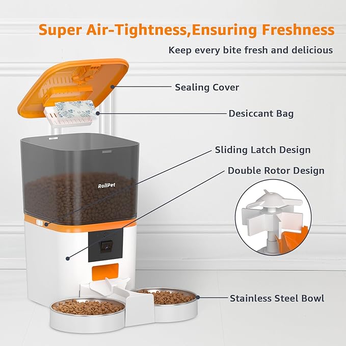 Automatic Cat Feeder with Adjustable Camera for 2 Cats, 5G WiFi 6L Smart Cat Food Dispenser, 1080P HD Video with Night Vision, Pet Feeder with 2-Way Audio for Cats&Dogs, Food Blockage & Motion Alerts