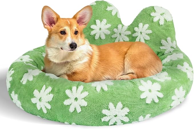 Cat Bed & Dog Bed, Removable Cozy Soft Cat Bed Washable Round Cute Dog Bed with Jacquard for Small Medium Cats and Dogs, Green Flower L